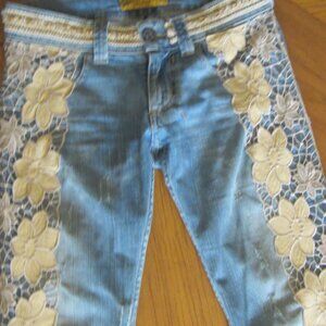 Allen B by Allen Scwartz Leather and Lace trimmed Distressed Jeans, size 27